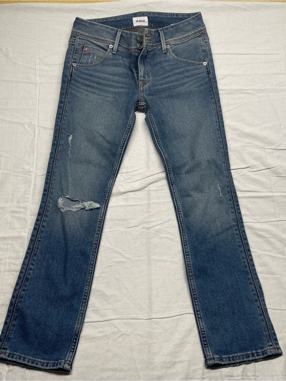 Hudson Jeans Women’s Blue Flare Jeans with Distressing